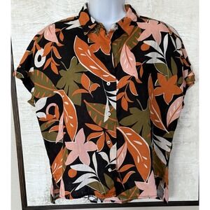 C&C California Tropical 100% Linen Short Sleeve Black Orange Green Top Sz Small